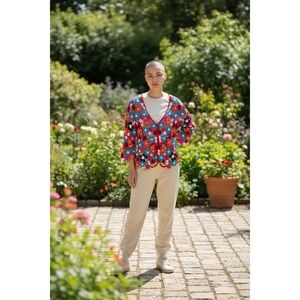 Vintage Chicos Floral Crochet Hippie Retro Linen Blend Cardigan 2‎ (M)